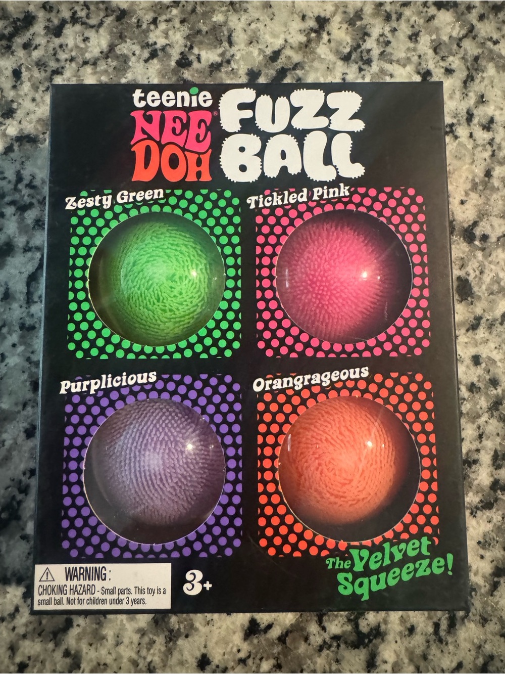 NEW NeeDoh Teenie Squishy Toys | Fuzz Ball 4-Pack | Green, Pink, Purple, Orange